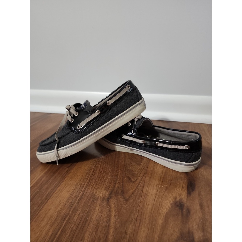 Sperry Boat Shoes Womens 7.5 Gray Wool Black Patent Leather Good Condition